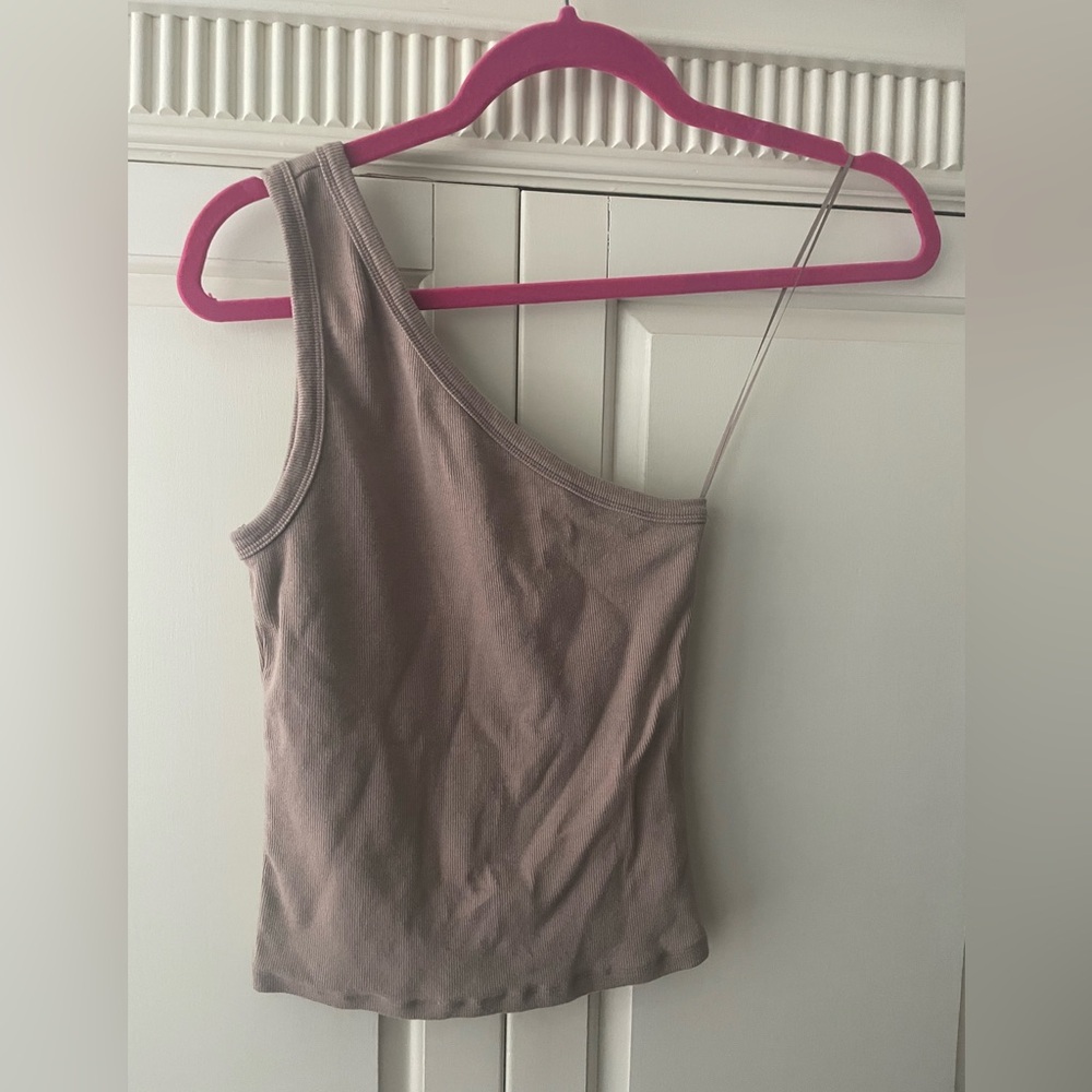 Pilcro Zeda One-Shoulder Tan Top ribbed neutral tan cream beige XS 2